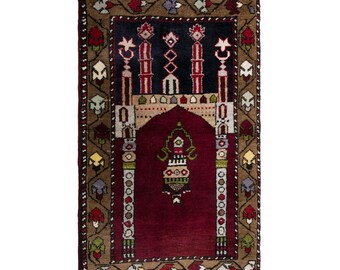 Vintage Turkish Prayer Rug, 2.5x4.3 ft, 75x130 cm, Handmade Anatolian Wool Rug