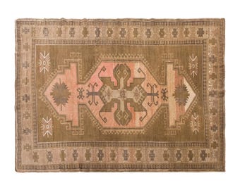 Vintage Handwoven Wool Rug, Distressed Geometric Tribal Medallion, Pink Brown Area Rug