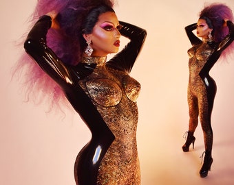 Drag Queen Bodysuit - Gold Metallic Snake Skin | THE THIRST TRAP