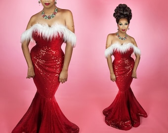 Drag Queen Christmas Sequined Mermaid Gown | Santa Baby