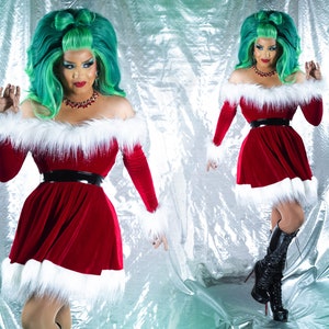 Drag Queen Christmas Santa Dress with Tinsel Fur