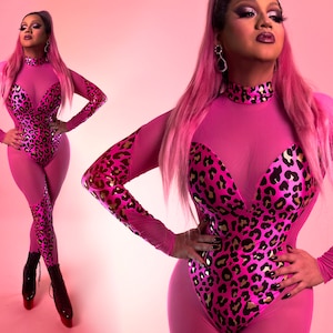 Drag Queen Full Body Leotard | PINK CHEETAH - Print & Mesh