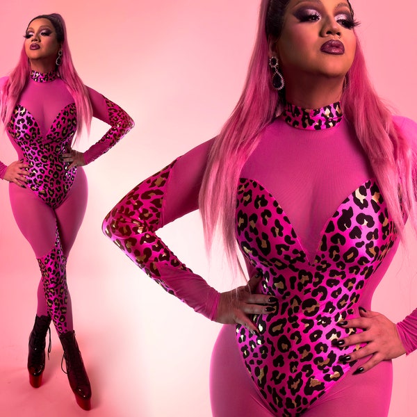 Leotardo de cuerpo entero Drag Queen / PINK CHEETAH - Estampado y malla