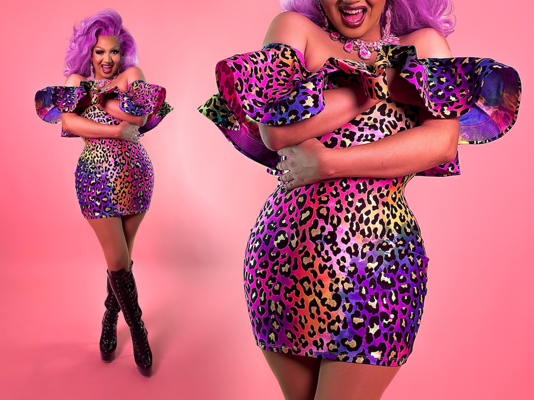 Rainbow Cheetah Drag Queen Dress Latina Ruffles
