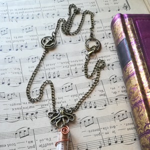 Collier "Poulpe" bronze, fiole verre contenant parchemin carte trésor, pirate, marin. Pendentif romantique. Pièce unique. Cadeau original.