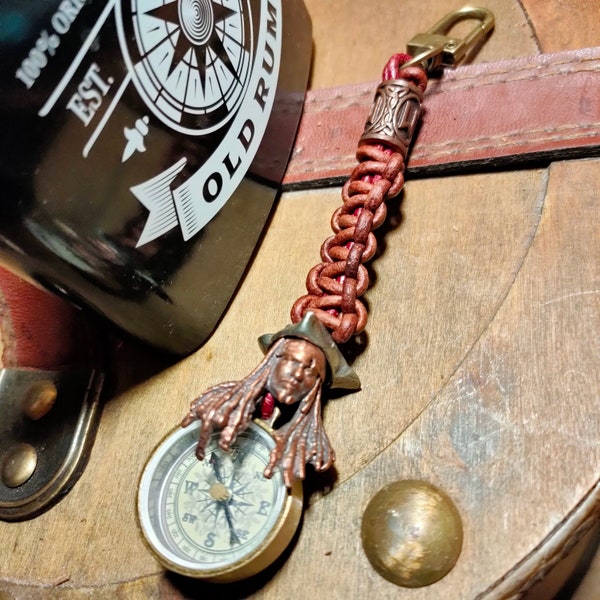 Porte clefs "Jack Sparo"cuir et bronze. Bijoux marin. Boussole. Cadeau homme ou femme original Pièce unique. Cosplay Steampunk et pirate.