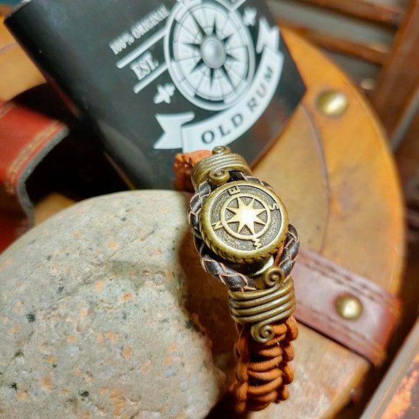 Bracelet cuir  "Cap sur la Mer" bijoux homme/femme, accessoire marin, Cosplay pirate. Cadeau original. Pièce unique. Fait main.