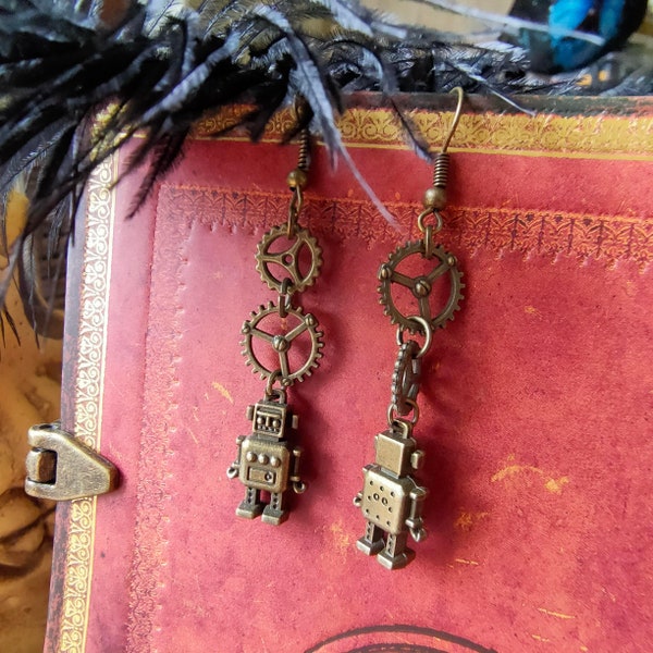 Boucles d'oreille Steampunk "Robot" BO Pendant Romantique  en bronze Bijoux pour Cosplay gothique victorien. Cadeau orignal, unique.