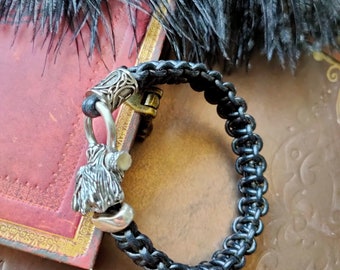 Bracelet cuir "Loup argenté" bijoux homme viking, celtique, guerrier, médiéval. Métal argenté. Pièce unique. Fait main. Cadeau original.
