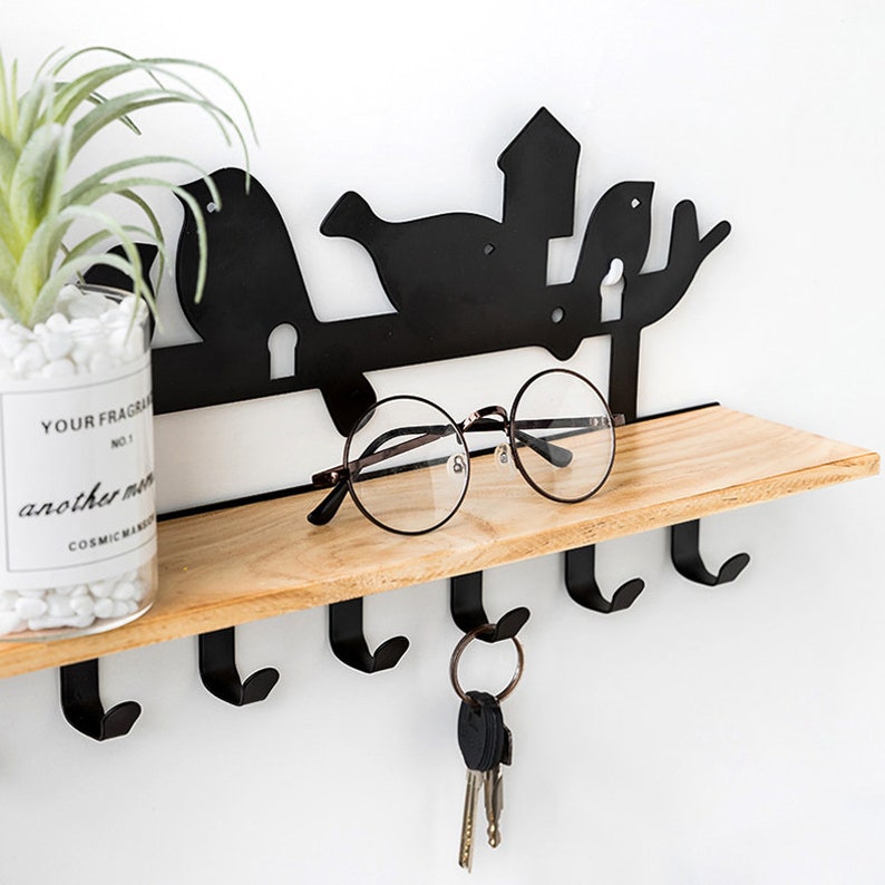 Entry Wall Shelf With Hooks Metal Wood Coat Rack Shelf Black Etsy
