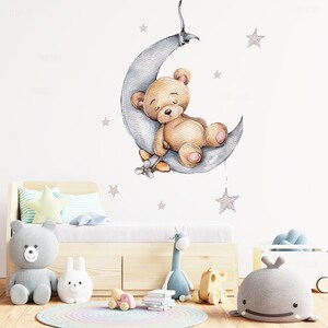 Cute Bear with Moon and Stars Wall Decal, Baby Room Bear Wall Sticker, Sleeping Bear Wall Decal, Home Decor Accent #BlackFriday #Christmas