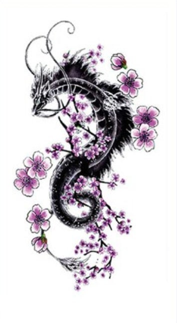 2 Blatt Temporäre Drachen-Tattoos – Japanisches Design Mit Kirschblüten, Ca. 20x15 Cm
