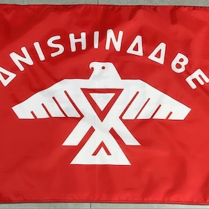 May include: A rectangular red flag featuring a white graphic of a stylised bird with outstretched wings and a triangular body design. The word ANISHINAABE is printed in white capital letters in an arc above the bird, with two metal grommets.