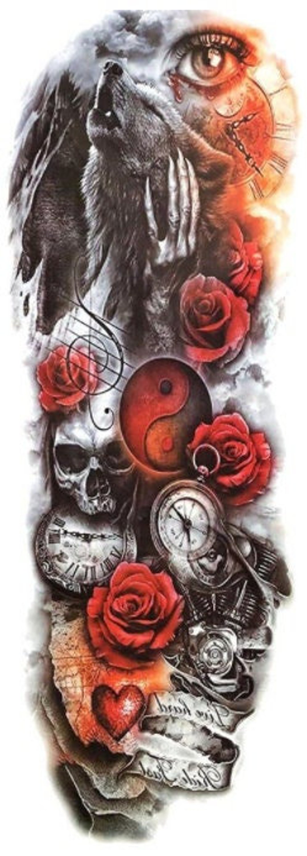 Rose/howling Wolf Full Sleeve Temporary Tattoo - Etsy