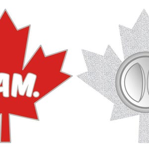 May include: A red maple leaf pin with the words "I AM." printed in white. The back of the pin shows a silver metal clasp.