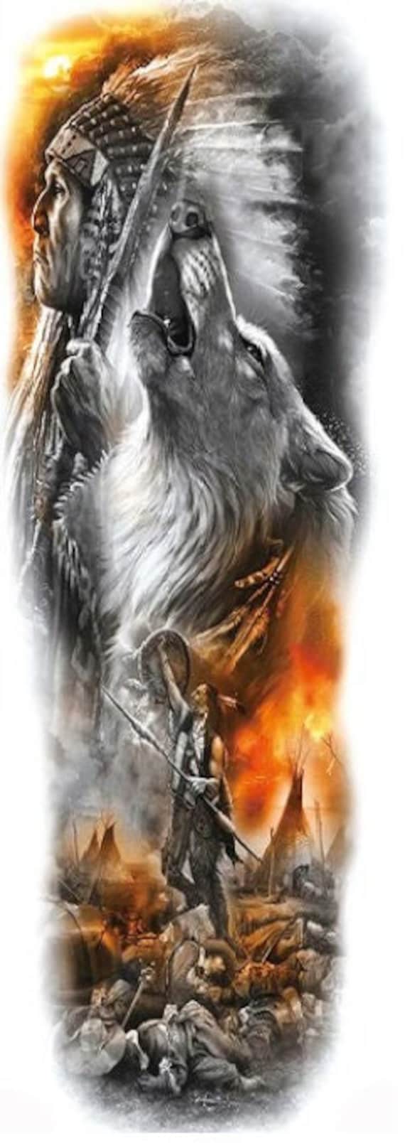 Native Warrior with Wolf by his Side Full Sleeve Temporary Tattoo, image size:570x1615