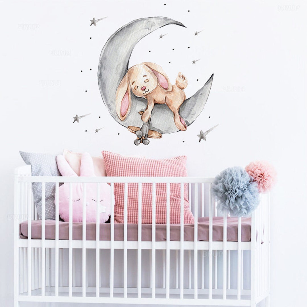 Cute Bunny With Moon and Stars Wall Decal, Baby Room Bunny Wall Sticker ...