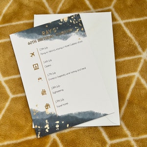 BLUE GOLD ITINERARY / special day / birthday weekend plans / timeline / wedding / Event Invitations / Party  / personalised A5
