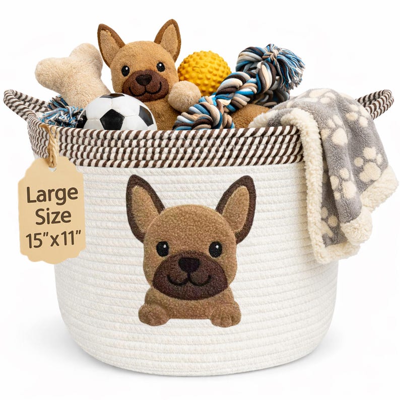 Op de afbeelding: Een witte touwmand met een bruin-witte gestreepte rand, met een hondenapplicatie en gevuld met hondenspeelgoed en een deken. Het label luidt "Large Size 15"x11"". Bevat een pluchen hond, bal, bot, touwspeelgoed en voetbal. (38cm x 28cm)