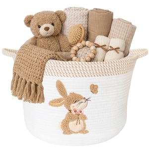 Large Bunny Cotton Rope Storage Basket – Embroidered Patch Toy Organizer (15"x11")