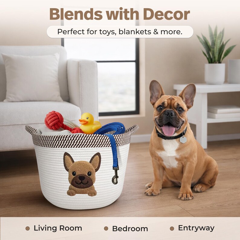 Op de afbeelding: Een witte touwmand met een bruin-witte gestreepte rand en een Franse bulldog-applicatie. De mand bevat een rood balspeelgoed, een gele badeend en een blauwe riem. Een Franse bulldog zit naast de mand. De tekst luidt "Blends with Decor".
