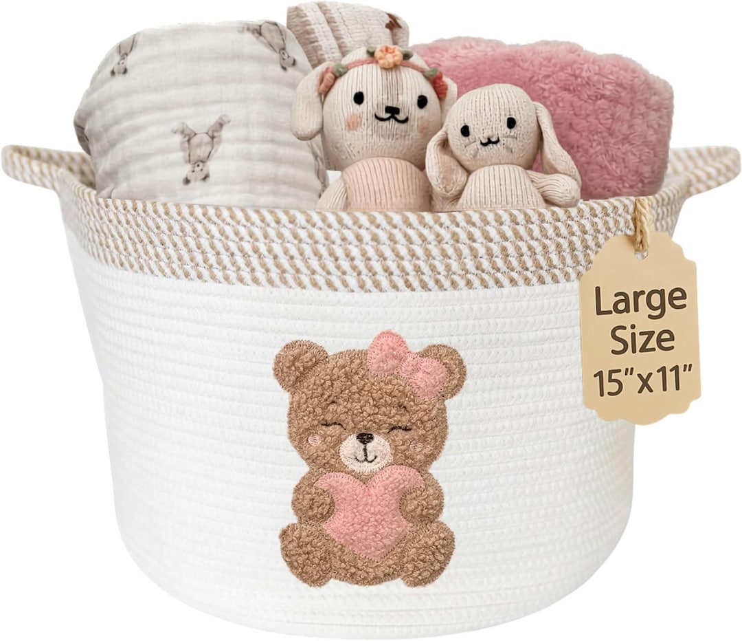 Pink Teddy Bear Baby Girl Basket, Cotton Rope Nursery Storage Basket 15 ...