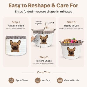 Op de afbeelding: Witte touwmand met een bruin en zwart gestreepte rand en een cartoon bulldog ontwerp. De afbeelding laat zien hoe je de mand opnieuw kunt vormen nadat deze is opgevouwen. De tekst luidt "Easy to Reshape & Care For".