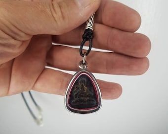 Thai Vintage Buddha Pra Pidta Pendant/Amulet/Charm on Genuine Leather Lobster Clasp Necklace Buddhist jewelry/Jewellery Buddhism Meditation.