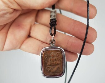 Thai Antique Buddha Pendant/Amulet  Luang Por Parn on Genuine Leather Lobster Clasp Necklace. Buddhist jewelry/Jewellery Lucky Charm. Luck.