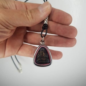 Thai Vintage Buddha Pra Pidta Pendant/Amulet/Charm on Genuine Leather Lobster Clasp Necklace Buddhist jewelry/Jewellery Buddhism Meditation.