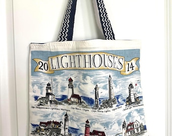 Tote Bag Upcycled Tea Towel Handmade Project Tote Lighthouse Cape Cod