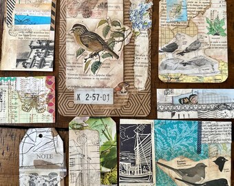 Wings & Whispers Collection Handmade Collage Tags – Set of 8 – Junk Journal Ephemera – Craft Supplies