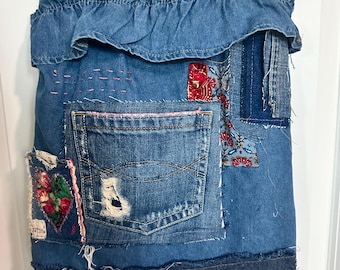 Denim Tote Messenger Bag Patches Boho Chic Pockets
