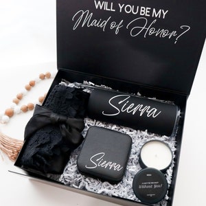 Will You Be My- Black / White Personalized Bridesmaid Proposal Gift Box FULL SET with Robe, Maid of Honor Black Magnetic Box with Candle