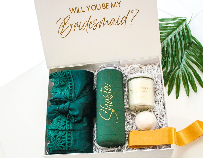 3} Gold and Emerald Personalized Bridesmaid Proposal Gift Box 