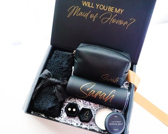 Will You Be My- Black / Gold Personalized Bridesmaid Proposal Gift Box FULL SET with Robe, Maid of Honor Black Magnetic Box with Candle