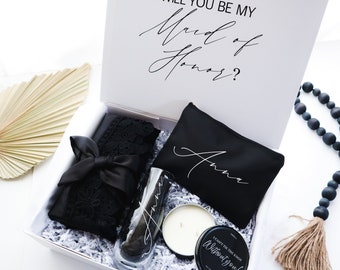 Bridesmaid Proposal Box in Black and White | Will you be my Matron of Honor gifts with Champagne Glass | Bridal Party Robe Gift Set