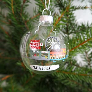 Enfeite de Natal de vidro Seattle Washington EUA, enfeite de árvore de Natal, presente de Natal, feito à mão