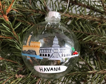 Havana Cuba Christmas Ornament Glass, Christmas Tree Bauble, Christmas Present, Handmade