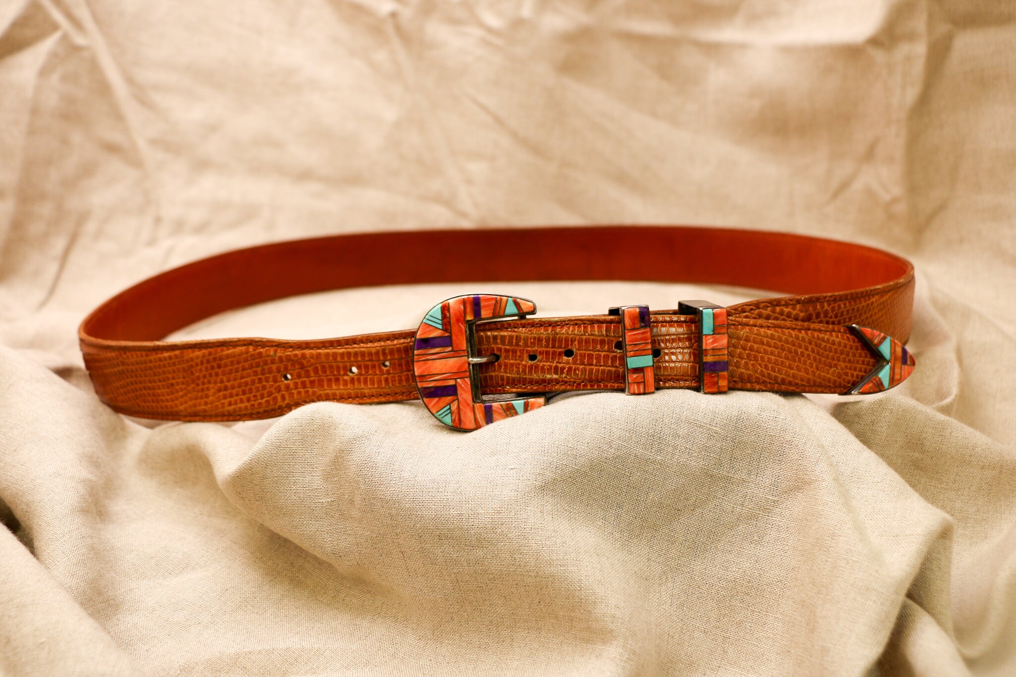 Vintage Zuni Lizard Belt: Sterling Silver, Stone Inlay  display picture 3