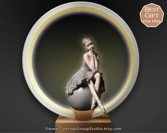 Ballet Dancer Statue, table Lamp, 6" Ballerina Figurine Sculpture, Round Light, Wood Base, Minimalist night light, USB-US Plug, Gift for Her