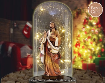 Jesus Christ Statue Table Lamp w/ LED String Fairy Lights, Glass Dome Cloche, Religious Sculpture Lamp Nightlight, Handmade Christian Gift
