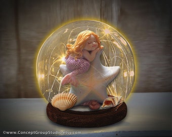 Little Mermaid Statue w/ Lights, Fairy Figurine Sleeping on a Starfish, Glass Globe Dome, LED String Lights, Tabletop Display, Gift for Her