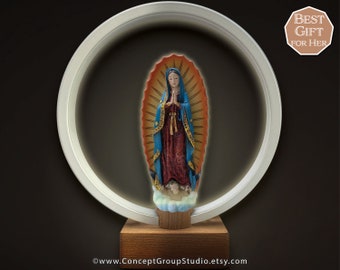 Our Lady of Guadalupe Statue w/ Round LED Table Lamp, Virgin Mary, Wood Base, Minimal Design, USB-US Plug, Catholic Gifts, Minimalist Design