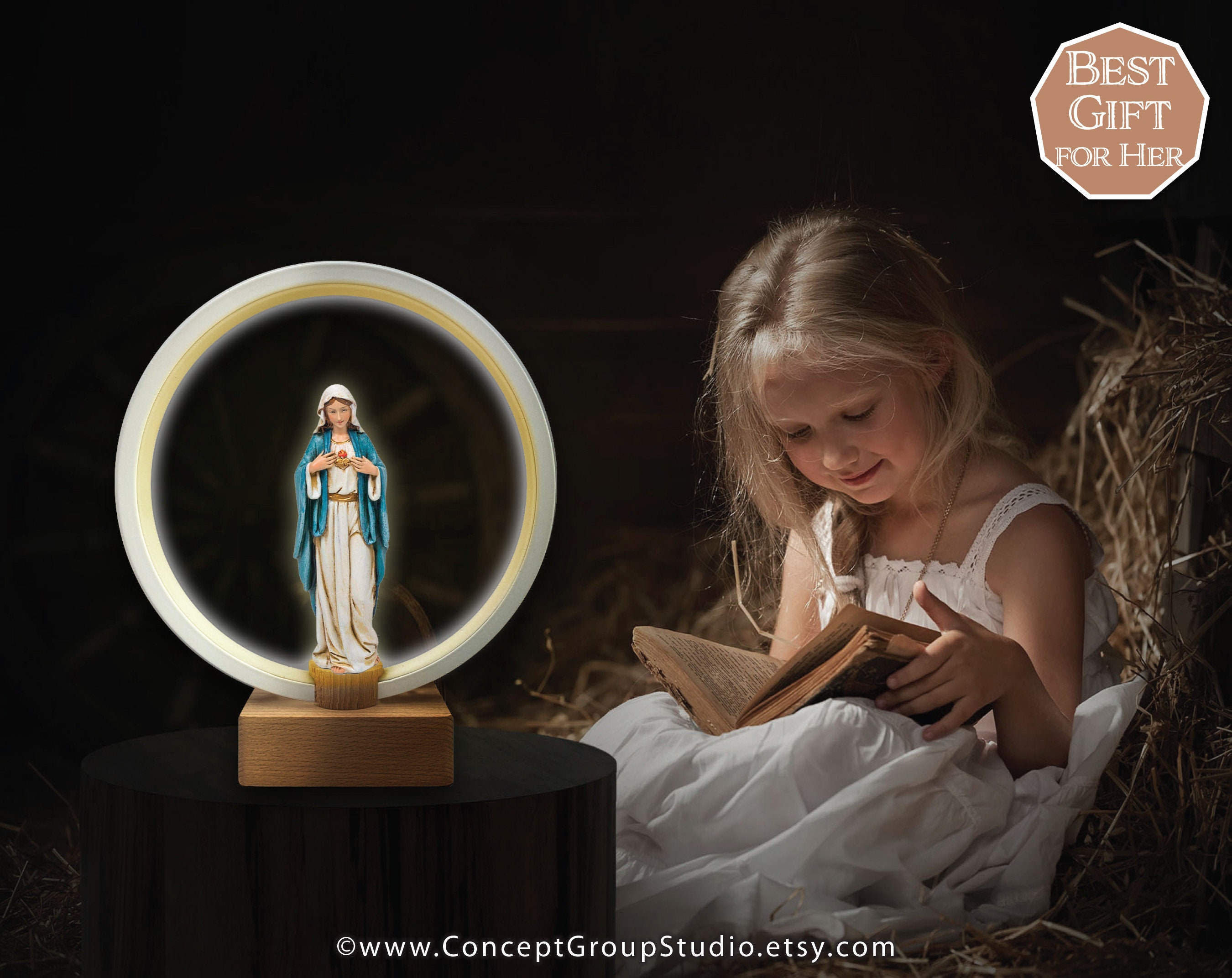 Virgin Maria gebedslamp - Blauwe sluier standbeeld licht, holding rose