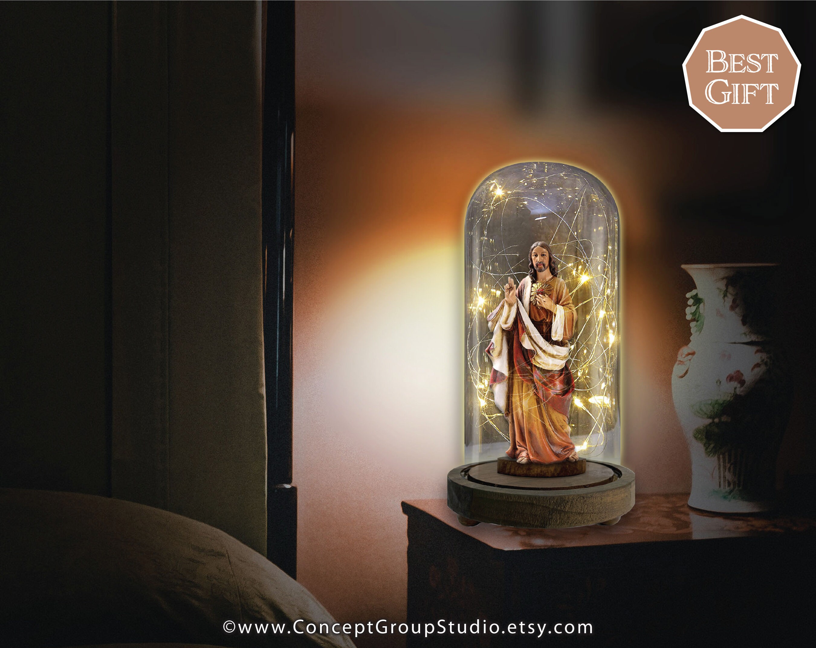 Statue Lumineuse De Jésus En Résine - Lampe De Dévotion Style Gothique Avec éclairage LED - Décoration Religieuse Pour La Maison (18,5 X 10,5 X 5 Cm)