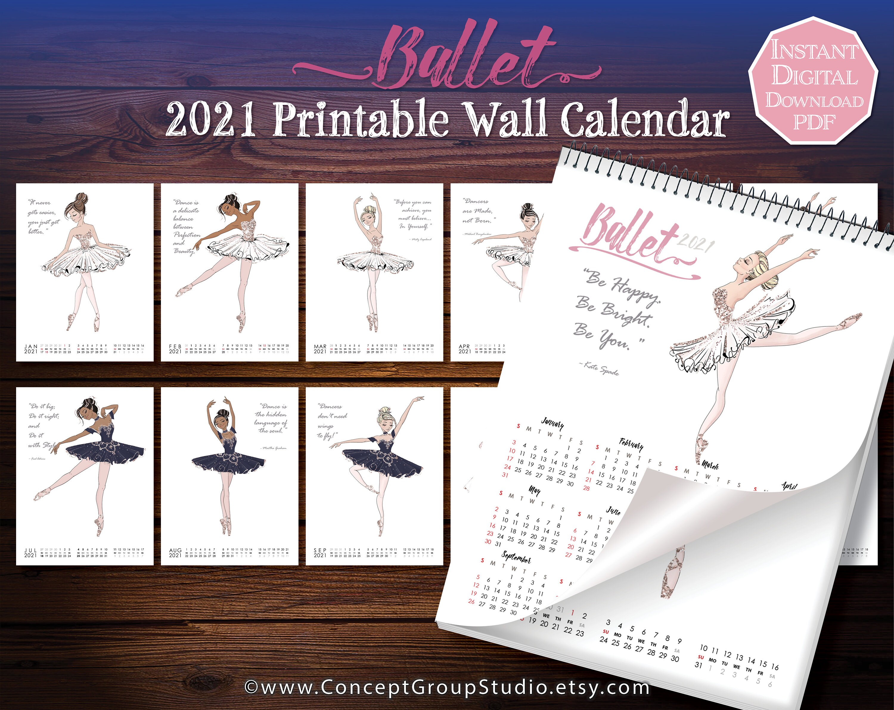 New 2021 Printable Wall Calendar Ballet Dancer 13 Ballerina Etsy