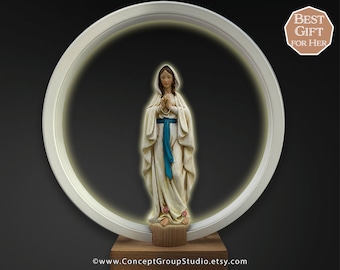 Virgin Mary Statue with Round Led Lamp, Our Lady of Lourdes Figure, wood base, Sculpture Lamps, minimalist LED, USB-US Plug, Catholic Gifts