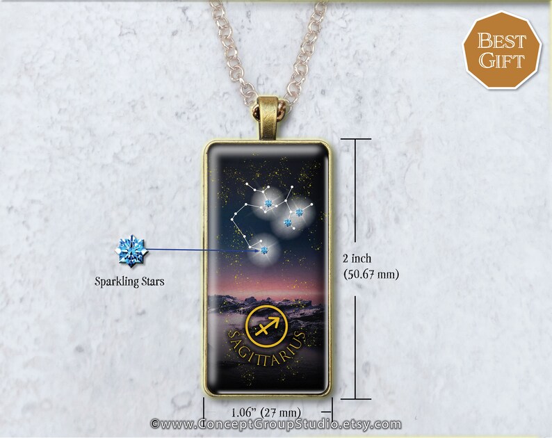 Constellation Necklace Astronomical Charm Sagittarius Zodiac Pendant Best Gift Star Sign Pendant Rectangle 50x25mm Glass Cabochon