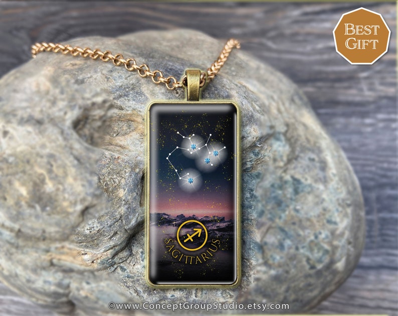 Constellation Necklace Astronomical Charm Sagittarius Zodiac Pendant Best Gift Star Sign Pendant Rectangle 50x25mm Glass Cabochon